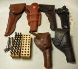 Lot #1299 - Lot of (6) leather holster & Vermont American letter stamps in wood case.  One hols