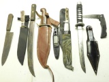 Lot #1309 - Lot of (9) knives to include Japanese steel throwing knife in leather  sheath, Japa