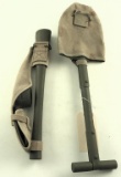 Lot #1422 - Trench shovel & pickaxe with carrying hanger. Canvas cover on shovel has US  milita