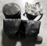 Lot #1569 - Camo shooting bucket, pair of mens Lacrosse hip boots, & folding hunting stool.