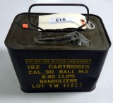 Lot #913 - Sealed can containing 192 +/- rds of .30 cal Ball M2 cartridges in 8 round  clips and
