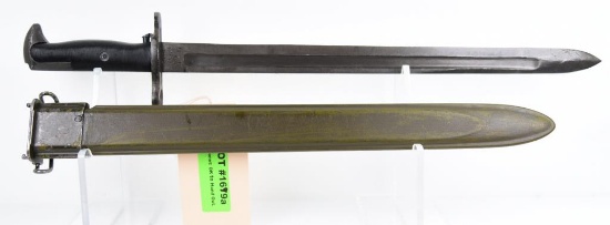 Lot #1699a - Utica Cutlery M1 Bayonet with Scabbard. Blade dated 1942. Scabbard has U.S in Flaming