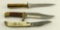 Lot # 4584 - (3) knives: 50 cal bullet handle , brass and wooden handle, Schrade Scrimshaw folder