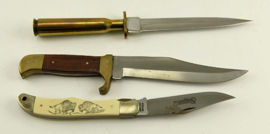 Lot # 4584 - (3) knives: 50 cal bullet handle , brass and wooden handle, Schrade Scrimshaw folder