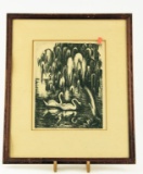 Lot # 4591 - “Swans and Willow” framed black and white lithograph signed and numbered Lily S.