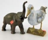 Lot # 4906 - Pot metal elephant figure 6” and Mini carved seagull on driftwood