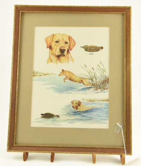 Lot # 4042 - Print w/ hunting related scenes by James P. Fisher. Depicts a yellow lab retrieving