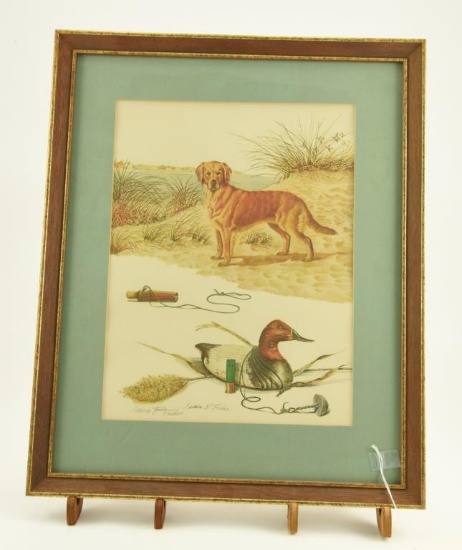 Lot # 4043 - Print w/ hunting related scenes by James P. Fisher. Depicts a golden retriever, a