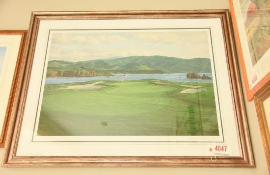 Lot # 4047 - “17th at Pebble Beach” serigraph by Linda Hartough. Measures 35 1/4” x 46“. Signed