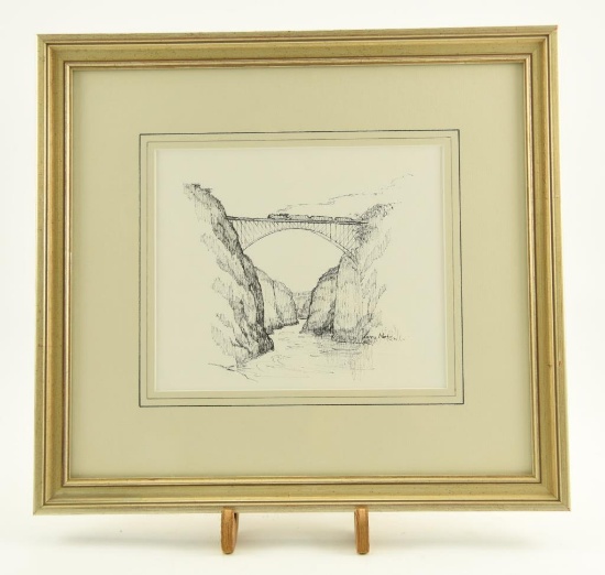 Lot # 4074 - “Victoria Falls Bridge” pencil drawing of train crossing bridge by Larry Norton.