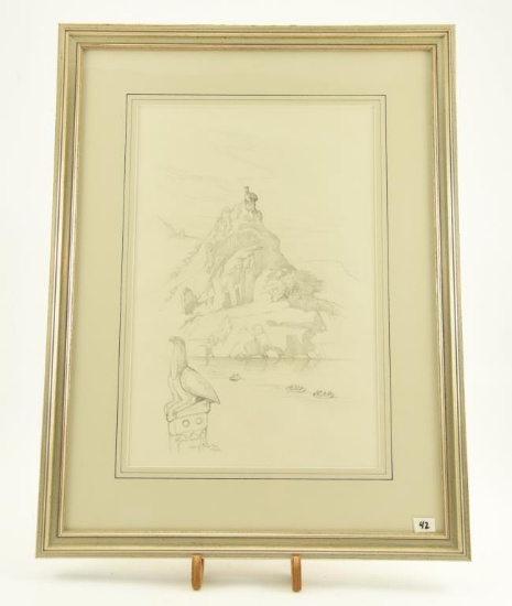 Lot # 4078 - Pencil drawing by Larry Norton titled “Zimbabwe Rock”. Appears to be a concept for