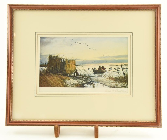 Lot # 4127 - Pencil signed print of duck hunting scene by Ogden W. Pleissner. Has been