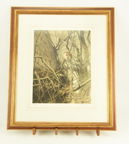 Lot # 4133 - Artist signed and numbered print of bird in tree. Signature is indiscernible but