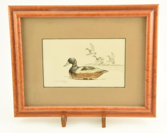 Lot # 4137 - Print of working decoy by James P. Fisher with pencil drawn sketch of ducks in