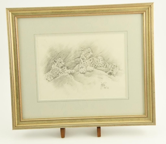 Lot # 4140 - Original pencil sketch of Leopards by John Mullane. Signed and dated 94. Has been