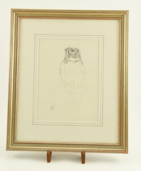 Lot # 4141 - Original pencil sketch of Owl by John Mullane. Signed. Has been professionally