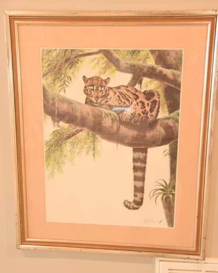 Lot # 4150 - Large print of leopard in tree by Guy Coheleach. Has been professionally framed and