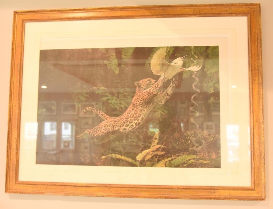 Lot # 4151 - Print on canvas of jaguar in tree by Bob Kuhn. Has been professionally framed and