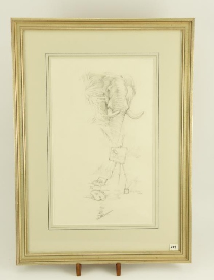 Lot # 4152 - Larry Norton original pencil sketch by Larry Norton of elephant overlooking the work