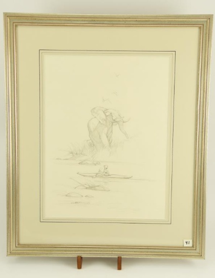 Lot # 4153 - “Elephant, Crock, & Kayaker” pencil sketch by Larry Norton. Signed by artist and