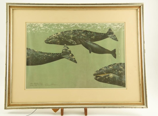 Lot # 4173 - Print of whales by Richard Ellis. Signed “For Freddy King with best wishes-Richard