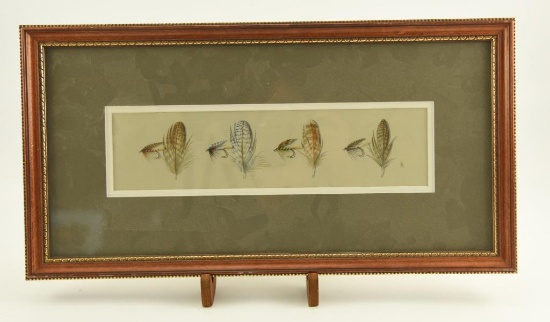 Lot # 4175 - Gouache painting of fly fishing flies and the feathers used to make them. Signed
