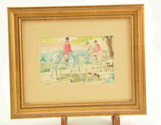 Lot # 4205 - Indiscernibly signed watercolor of fox hunting scene with hound dogs. Has been