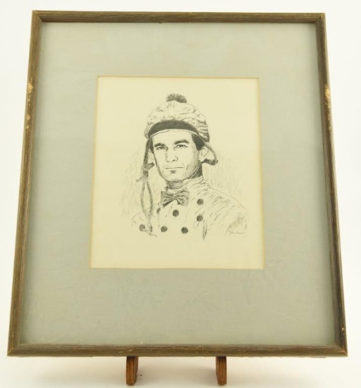 Lot # 4207 - Ink drawing of jockey signed by artist T.H. Archer. Has been professionally framed