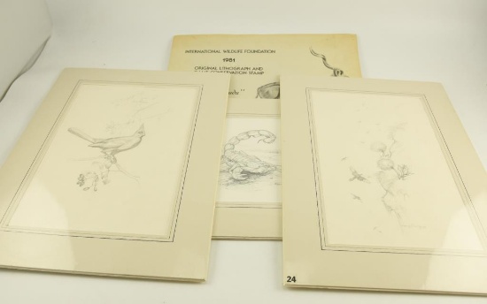 Lot # 4230 - (3) Larry Norton pencil drawings and (1)1981 International Wildlife Foundation