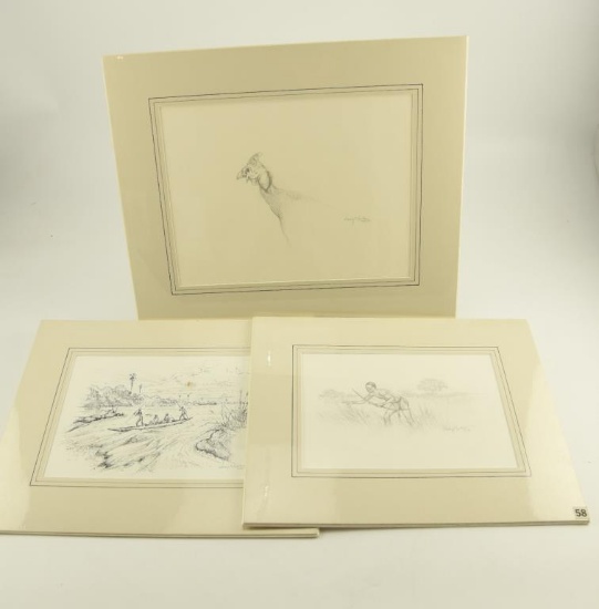 Lot # 4238 - (3) pencil drawings by Larry Norton. Titles include “Guinea Fowl Head”, “Bushman”,