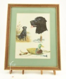 Lot # 4041 - Print w/ hunting related scenes by James P. Fisher. Depicts a black lab, a duck