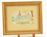 Lot # 4205 - Indiscernibly signed watercolor of fox hunting scene with hound dogs. Has been