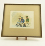 Lot # 4210 - “Seated Jockeys” pen, ink, & water color by T.H. Archer. Signed by artist. Has been
