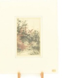 Lot # 4342 - Etching of ducks flying over creek by Roland Clark. Signed in pencil. Has been matted.