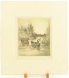 Lot # 4343 - Etching of ducks swimming by Rol and Clark. Dated 1923. Signed in pencil. Has been
