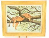 Lot # 4369 - Oil painting on canvas of lion in tree signed by artist Kiyoshi and is dated 1979.