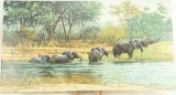 Lot # 4370 - Oil painting on canvas “Elephants Crossing Channel of Zambezi R. to Island” by Simon