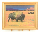 Lot # 4382 - Oil on board painting of buffalos grazing in field by Marcel Bordel. In gilt frame.