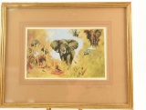 Lot # 4433 - Print of elephants by David Shepherd. Signed in pencil by artist on matted border.
