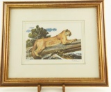 Lot # 4435 - Limited edition print of cougar laying on log by Bob Kuhn. Signed in pencil and