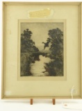 Lot # 4442 - “Evening” etching of waterfowl by Frank W. Benson. Has old label on reverse. Has