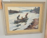 Lot # 4466 - Large print of men in kayak by Ogden W. Pleissner. Has been professionally matted