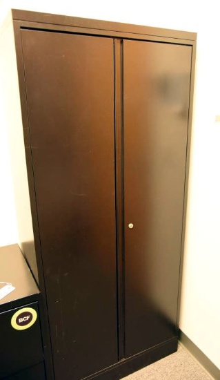 Lot #1264 - Heavy duty commercial two door locking black matte finish supply cabinet 68” x 30”x 18”