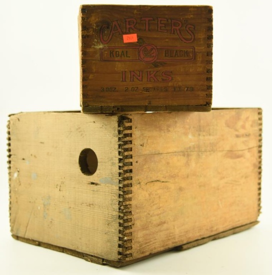 Carters Inks wooden finger jointed advertising box and wooden finger jointed ammo crate