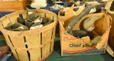 Bushell Basket of plastic Canada Goose decoy heads and box of miscellaneous wooden Goose and Duck