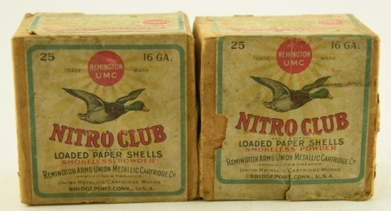 (2) Vintage boxes of Remington UMC Nitro Club 16 gauge loaded paper shotgun shells both boxes