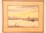 Lot #536 - Original framed watercolor of ducks over marsh by Willie Crockett with personalized