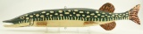 Lot #586 - Rusty Harvey carved Chain Pickerel carved fish decoy 33” with metal fins and original