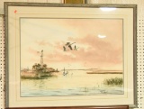 Lot #587 - Framed Watercolor of Canada Geese over Marsh Signed Steve Russell with Note by Texas
