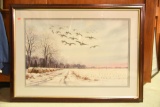 Lot #608 - Framed Watercolor of Geese in snow covered cornfield signed Ned Ewell lower right